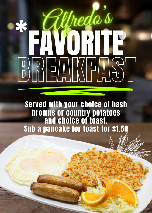 Two eggs, two sausages, hash browns and an orange on a white plate