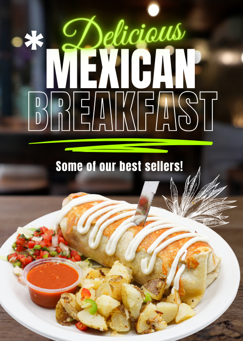 Burrito with sour cream on top and a side of country potatoes, salsa and pico de gallo