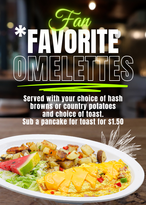 Cheese omelette with a side of country potatoes and watermelon