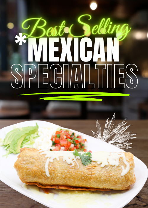 Chimichanga topped with sour cream and cilantro with a side of avocado, sour cream and pico de gallo